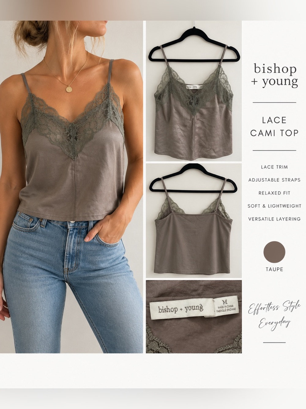 Bishop + Young Lace Trim Cami Top Taupe Gray Size M